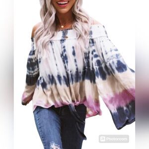 NEW Surf Gypsy Love Triangle Off the Shoulder Blue White Tie-Dye Blouse Bohemian
